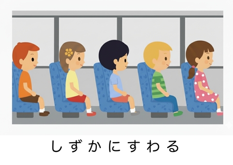 静かに座る・絵カード 静かに座る・絵カード 絵カード,視覚支援,マナー,ルール,乗り物,バス,静かに,座るのイラスト素材