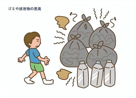 在宅避難＿悪臭 在宅避難,悪臭,子ども,ゴミ,ペットボトル,災害,人物,ハザードマップ,臭い,腐るのイラスト素材