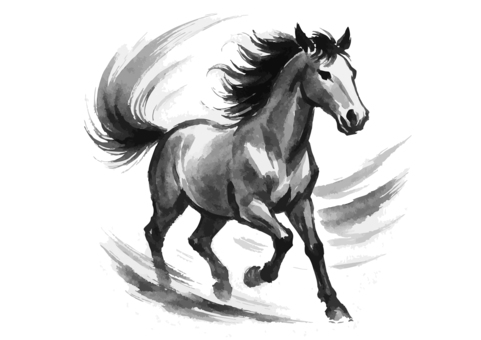 馬の水墨画シルエット年賀状素材セット 馬,筆絵,水墨画,年賀状,墨絵,風,賀年,干支,午年,2026のイラスト素材