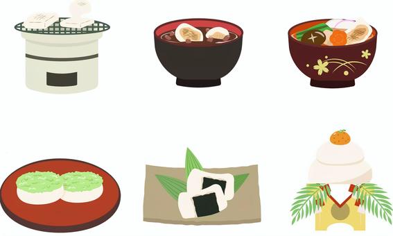 もちイラストセット 餅,もち,鏡餅,お雑煮,ぜんざい,焼きもち,料理,お正月,新年,和食のイラスト素材
