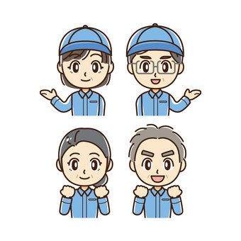 作業着の中高年セット 中高年,シニア,ミドル,おじいさん,おばあさん,人物,男女,男性,女性,作業着のイラスト素材