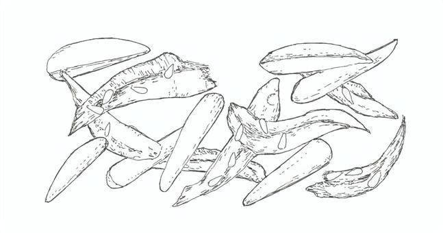 【おつまみ】アーモンドと小魚の線画 アーモンド,小魚,ナッツ,食べ物,肴,手描き,リアル,モノクロ,挿絵,白バックのイラスト素材