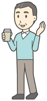  ニット中年男性-266-全身 コーヒー,おじさん,男性,中年,お父さん,パパ,シニア,ミドルエイジ,人物,かわいいのイラスト素材