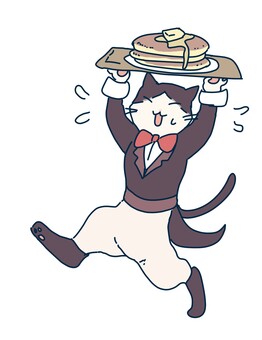 大変そうな猫給仕 カフェ,立ち絵,ハチワレ猫,タキシード,パンケーキのイラスト素材