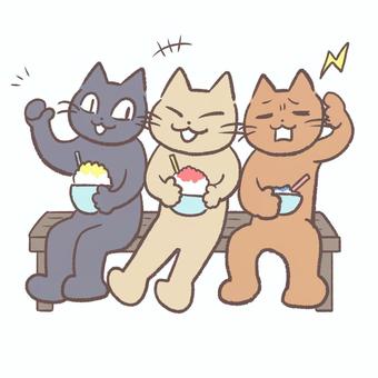 仲良くかき氷を食べる3匹の猫 猫,かわいい,ゆるい,手書き,顔,表情,夏,かき氷,冷たい,楽しいのイラスト素材