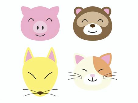 こぶた　たぬき　きつね　ねこ 子豚,たぬき,狐,猫,動物,あしらい,可愛い,シンプル,顔,豚のイラスト素材