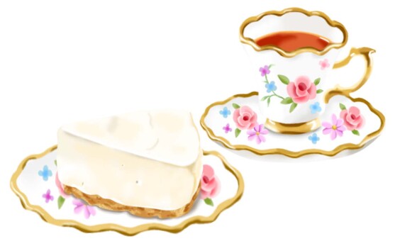 レアチーズケーキと花柄のカップの紅茶 チーズケーキ,レア,洋生菓子,食べ物,飲み物,紅茶,カフェ,おやつ,甘い,美味しいのイラスト素材