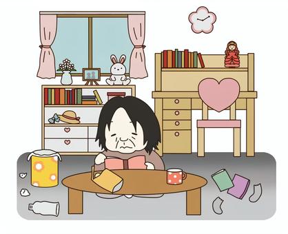 子供部屋おばさん 子供部屋,おばさん,ニート,無職,引きこもり,独身,中年,女性,実家,部屋のイラスト素材