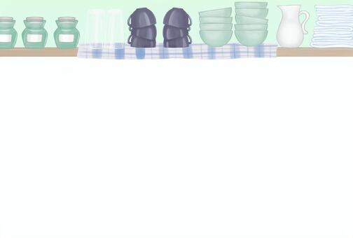 キッチングッズの飾り棚フレーム★飾り罫 キッチン,飾り罫,装飾罫,フレーム,枠,キッチングッズ,食器,台所,カフェ,レストランのイラスト素材