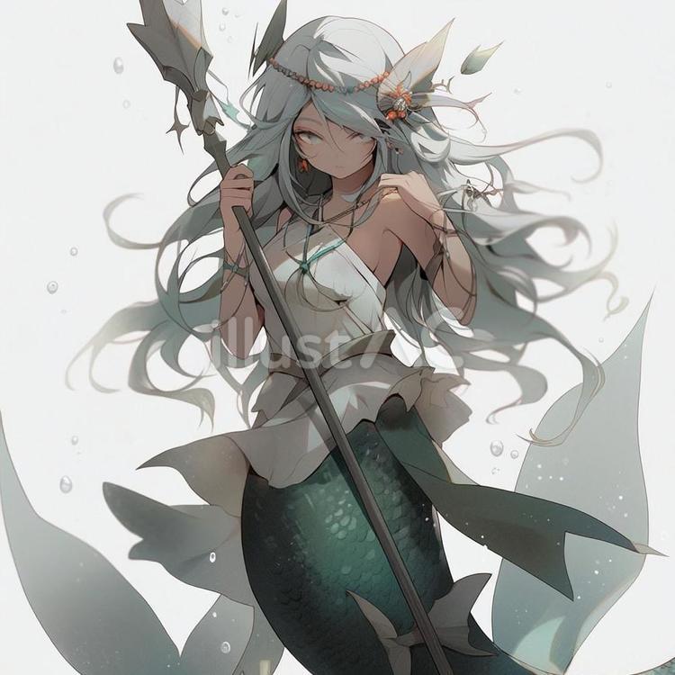 威圧感のある人魚＿アニメキャラ 人魚,ロングヘアー,海のイラスト素材