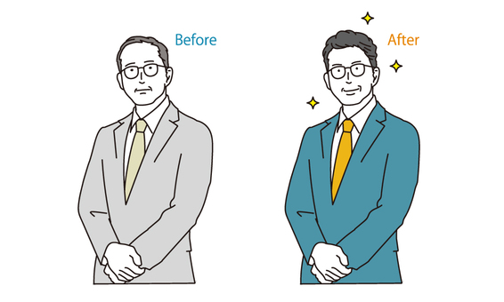 薄毛の男性のビフォーアフターイラスト素材 薄毛,男性,育毛,悩む,増毛,ビフォーアフター,髪の毛,見栄え,ハゲ,後退のイラスト素材