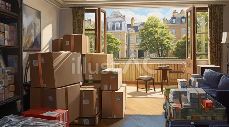 引っ越し中の段ボールだらけの部屋 部屋,引っ越し,段ボールのイラスト素材
