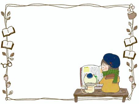 読書の秋３ 秋,フレーム,読書,女の子,猫,本,ほのぼの,絵本風イラスト,友達のイラスト素材