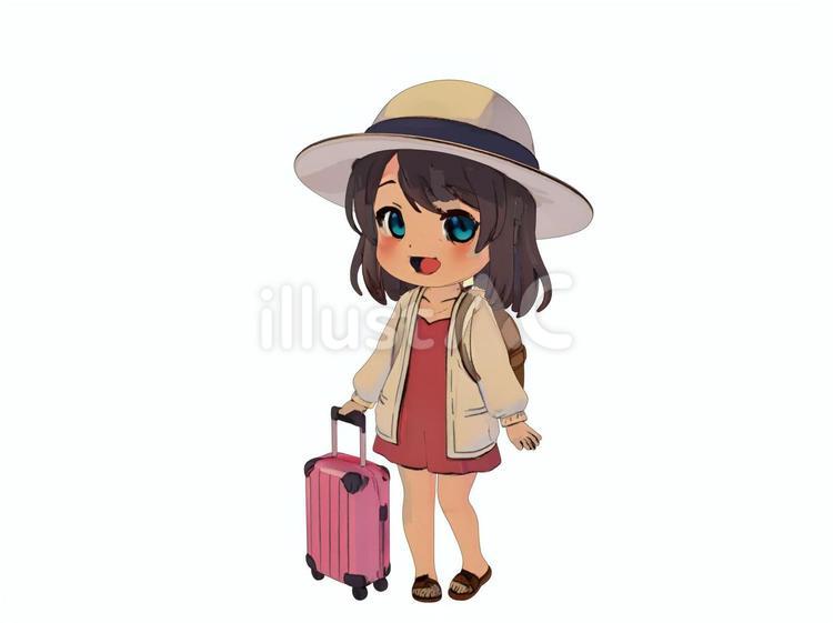 夏休み休日連休行楽リゾートの旅行帽子女性 スーツケース,帽子,リュックのイラスト素材
