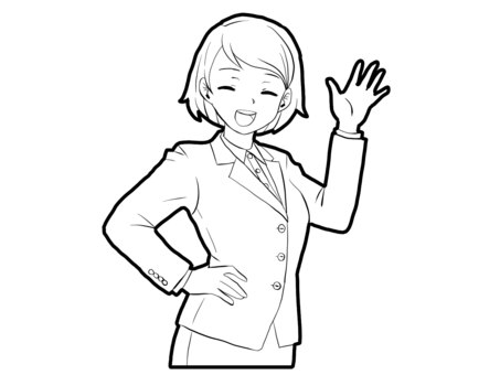 【白黒】元気に挨拶【線画】 スーツ,女性,挨拶,笑顔,元気,コミュニケーション,萌え絵,白黒,線画のイラスト素材