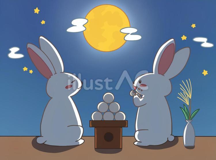 お月見するうさぎ 秋,うさぎ,雲のイラスト素材