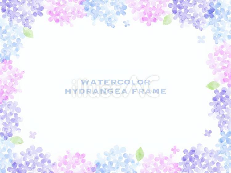 梅雨の水彩風紫陽花の葉と花のフレーム背景 あじさい,背景,梅雨のイラスト素材