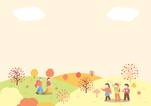 秋の山を楽しむ人物イラスト 秋,山,登山,人物,紅葉狩り,男性,女性,子供,男の子,女の子のイラスト素材