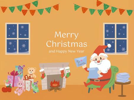 部屋で手紙を読むかわいいサンタ　オレンジ サンタ,クリスマス,手紙,部屋,室内,暖炉,窓,雪,雪の結晶,フラッグのイラスト素材