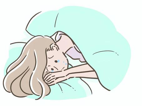 悲しみで眠れない女性 悲しい,悩む,辛い,考える,憂鬱,泣く,ストレス,眠る,眠れない,涙のイラスト素材