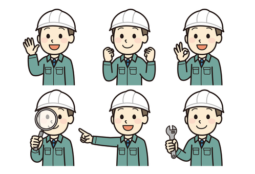 男性作業員ポーズいろいろセット 作業服,男性,バイバイ,ok,虫眼鏡,スパナ,現場監督,整備,建設作業員,指差しのイラスト素材