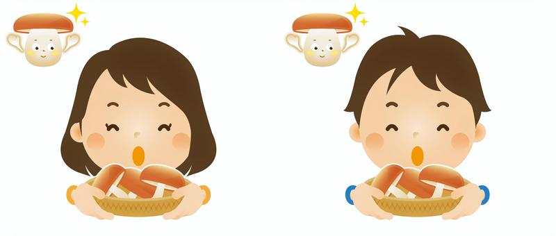 子どもと秋14 きのこ,きのこ狩り,収穫,かご,秋,子ども,人物,男の子,女の子,小学校のイラスト素材