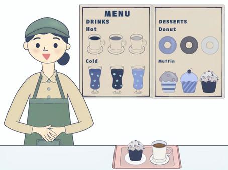 カフェ店員と珈琲とスイーツ2 カフェ,メニュー,コーヒー,紅茶,アイスコーヒー,アイスティー,ドーナツ,デザート,マフィン,チェリーのイラスト素材