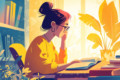 家で勉強したり読書をする女性