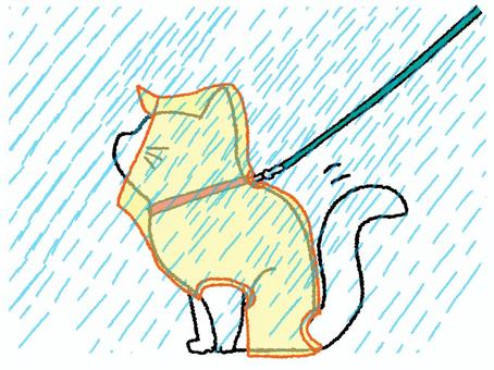 猫と雨 猫,散歩,しっぽ,カッパ,対策,雨,横,シルエット,可愛い,pop調のイラスト素材