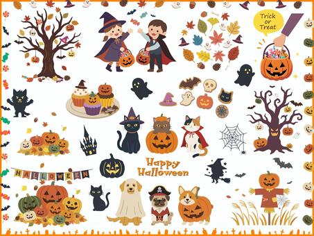 ハロウィンイラスト　いろいろセット２ ハロウィン,かぼちゃ,セット,手描き,城,おばけ,シルエット,halloween,魔女,文字のイラスト素材