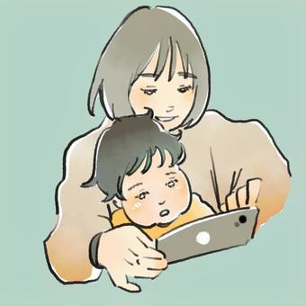 スマホを眺める親子 赤ちゃん,お母さん,スマホ,親子,水彩風,育児,子供,赤ちゃんとママ,ママのイラスト素材