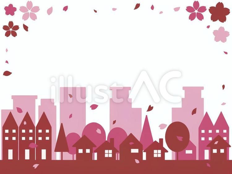 ピンクの春の町並みのフレーム 町並み,桜,フレームのイラスト素材