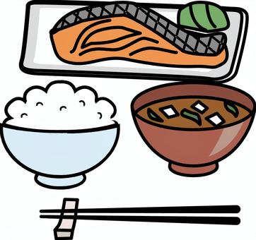焼き魚朝食　 ご飯,米,茶碗,味噌汁,お椀,焼き魚,鮭,ヘルシー,朝食,デフォルメのイラスト素材