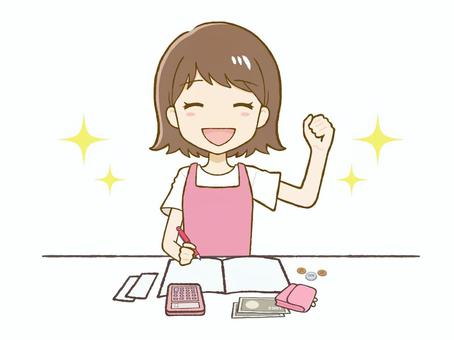 家計簿をつけるエプロン女性 ガッツポーズ 家計簿,女,エプロン,ガッツポーズ,笑顔,家計,お金,マネー,計算,財布のイラスト素材