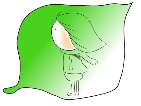 マフラー　おかっぱ（葉っぱバージョン） おかっぱ,女の子,昭和,素朴,子ども,マフラー,葉っぱ,立つのイラスト素材