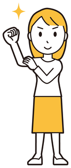  ロングヘア女性(黄)-411-全身 腕まくり,女性,女の子,人物,かわいい,自信,ガッツポーズ,笑顔,技術,腕力のイラスト素材