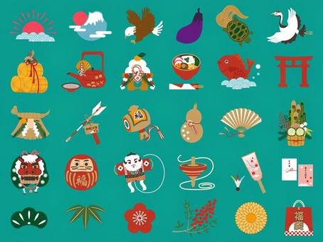 年賀状　お正月の縁起物アイコンセット