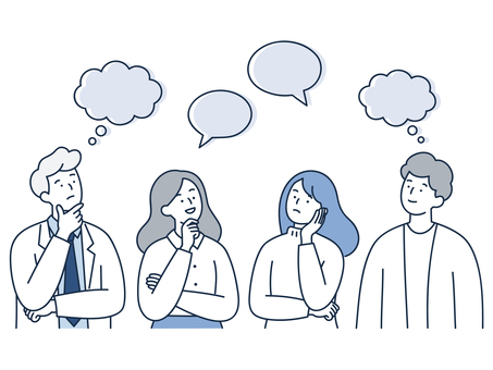 考える男女ビジネスチームのアイデア相談 人物,男性,女性,考える,悩む,思案,ひらめき,ブレスト,アイデア,会話のイラスト素材