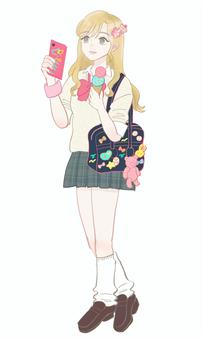ギャル高校生 ギャル,人,女,若者,高校生,制服,スマホ,カバン,ローファー,ブレザーのイラスト素材