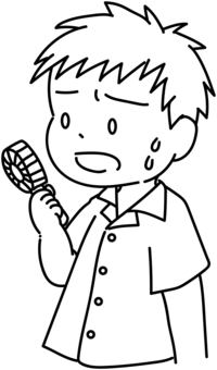【白黒線画】暑がる人③ 白黒,線画,シンプル,かわいい,モノクロ,夏,ハンディファン,男性のイラスト素材