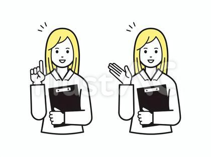 指差しで案内をするバインダーを持った女性