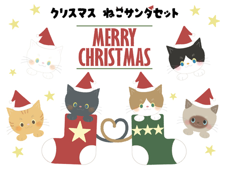 クリスマス　ねこサンタセット クリスマス,ネコ,サンタ,セット,イベント,冬,白猫,茶トラ,黒猫,ハチワレのイラスト素材