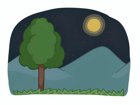 自然の風景 夜 自然の風景 夜 自然,木,山,夜空,満月,草,田舎,晴れ,シンプル,手描きのイラスト素材