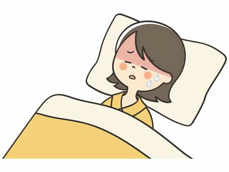 熱が出て休む若い女性 熱,発熱,風邪,病気,寝込む,寝苦しい,うなされる,苦しい,しんどい,熱中症のイラスト素材
