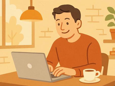 カフェでノートPCで作業する男性