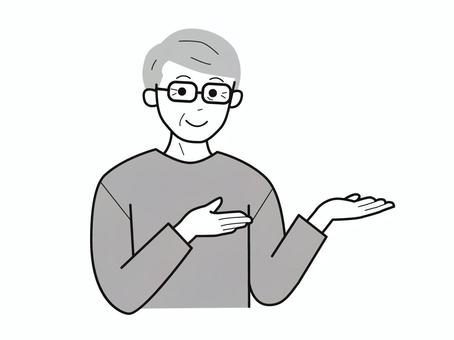 両手でどうぞとするシニア男性2／白黒 上半身,長袖,両手,どうぞ,お勧め,おじいさん,老人,高齢者,シニア,眼鏡のイラスト素材