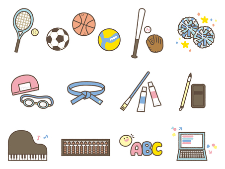 クラブ・習い事のアイコンセット 習い事,アイコン,テニス,サッカー,バスケ,バスケットボール,バレーボール,野球,球技,チアダンスのイラスト素材