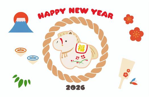 年賀状素材　午としめ縄のイラスト　4 午年,年賀状,馬,午,お正月,2026年,干支,謹賀新年,しめ縄,新春のイラスト素材