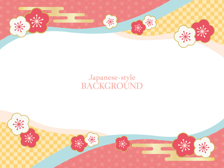 新春の和風フレーム素材（着物色・梅） 和柄,年賀状,フレーム,和風,背景,市松,麻の葉,梅,花,エ霞のイラスト素材