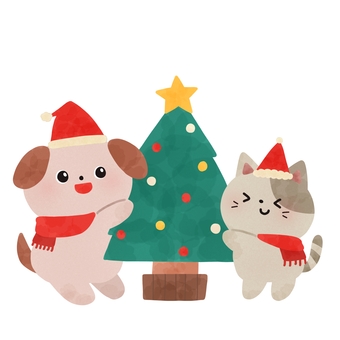 クリスマスツリーと犬猫 クリスマスツリーと犬猫 クリスマス,ツリー,犬,猫,動物,サンタ,帽子,冬,マフラー,絵本のイラスト素材